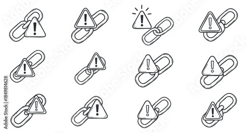 A collection of warning and alert icons featuring chains and exclamation marks in a minimalist black and white vector style, suitable for technology and safety applications