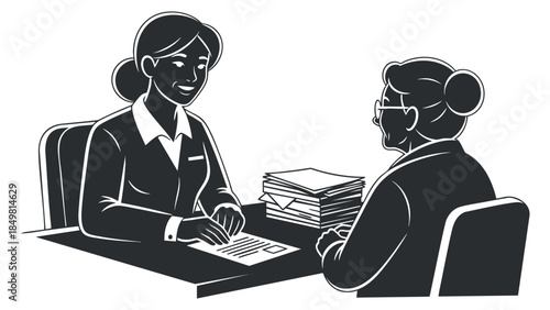 A businesswoman consulting with an elderly client over paperwork in black and white vector style, ideal for professional services themes