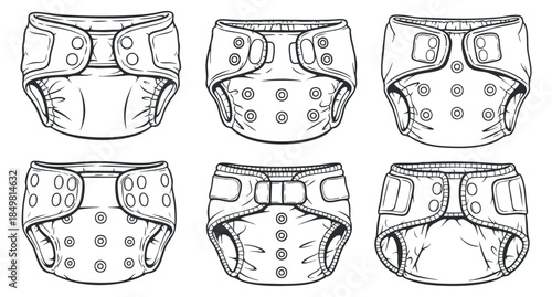 A set of six outline vector illustrations of cloth diapers in various styles, ideal for parenting and childcare design projects