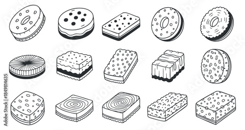 A collection of various sweet desserts including donuts, cookies, and layered treats in black and white outline vector style, ideal for food-related designs