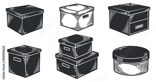 A set of hand-drawn storage boxes and containers in vintage outline style, perfect for home organization and design projects
