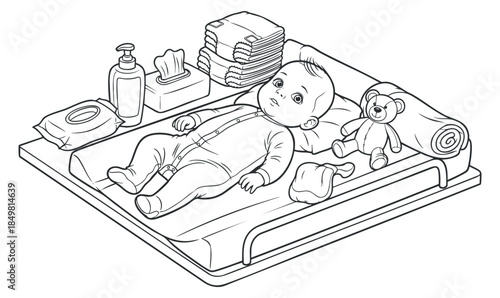 A baby lying on a changing table with diapers, wipes, lotion, and toys in outline minimalist vector style, ideal for childcare branding