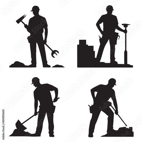 Industrial Worker Silhouettes Performing Tasks