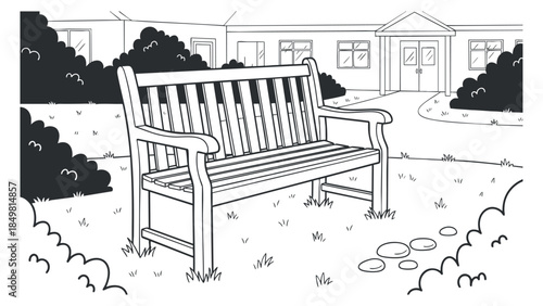 A park bench surrounded by trees and bushes in a clean black and white outline vector style, ideal for outdoor designs