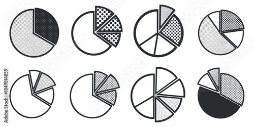 A collection of pie charts with various patterns and designs in black and white minimalist vector style, ideal for data visualization and presentations