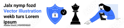 Cybersecurity, strategy planning, information security, business analysis, data protection, online safety. A shield with a lock, a chess piece and a figure reviewing data. Cybersecurity and strategy