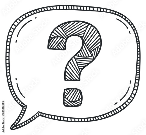 A hand-drawn question mark inside a speech bubble in doodle style, suitable for communication and inquiry contexts