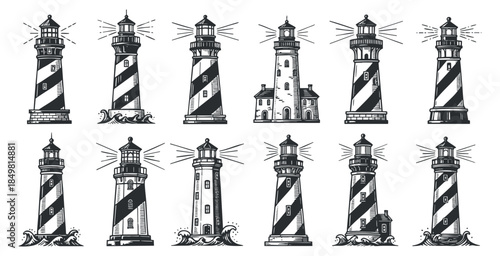 A collection of 12 lighthouse illustrations in black and white vector style, suitable for maritime-themed designs
