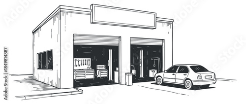 A garage building with a parked car in a detailed black and white outline vector style, perfect for automotive service branding