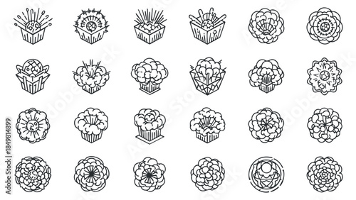 A collection of floral and cupcake icons in black outline vector style, perfect for dessert branding and celebrations
