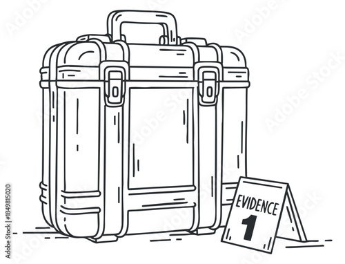 A detailed outline illustration of a briefcase with an evidence marker in black and white vector style, suitable for legal and forensic projects