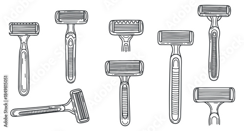 A collection of various razor designs in black and white outline vector style, ideal for grooming and personal care branding