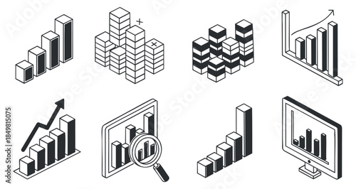 A set of various data visualization icons depicting charts, graphs, and analytics in black and white minimalist vector style, suitable for business presentations and reports