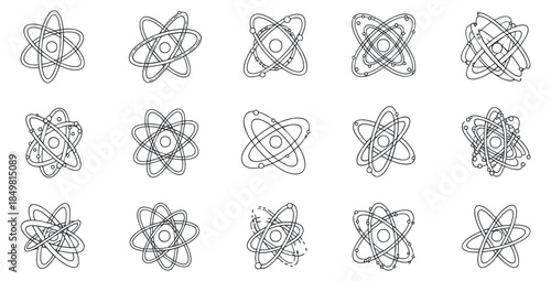 A collection of atomic symbols in black outline vector style, suitable for educational materials or scientific designs