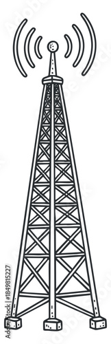 A communication tower with antennas and signal waves in black and white outline vector style, suitable for technology and telecom design