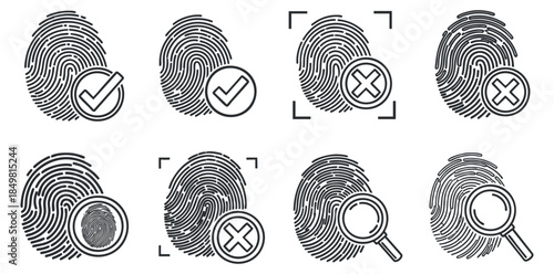 A collection of fingerprint icons featuring checkmarks and crosses in minimalist outline vector style, ideal for security and authentication designs