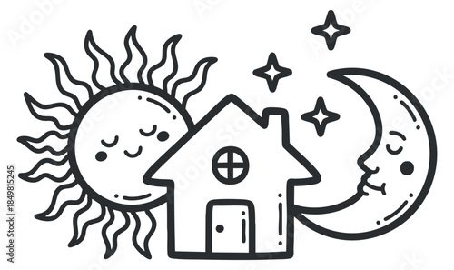 A whimsical illustration of a smiling sun, crescent moon, and a cozy house in black and white outline vector style, ideal for children's book designs