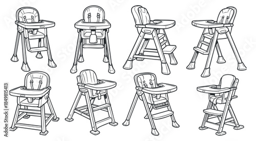 A collection of eight highchairs in outline vector style, perfect for childcare design and parenting resources
