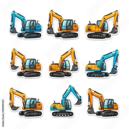 Collection of colorful mini excavator vector stickers. Cartoon heavy construction machinery set with white border. Industrial digging vehicle equipment illustration for kids education or patch.