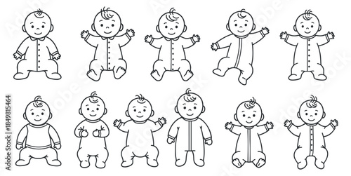 A set of cute baby characters in outline vector style, ideal for childcare branding and baby product designs