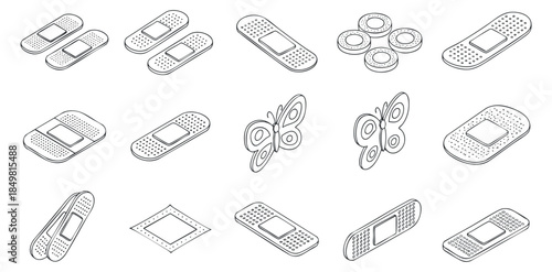 A collection of various bandages, including traditional and butterfly designs in outline vector style, suitable for health and medical illustrations