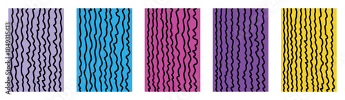 Vector child line doodle backgrounds set with vibrant black wavy contours, pastel and bold fill colors, funky hand drawn fluid stripes, distorted curved scribble lines in retro playful sketch design