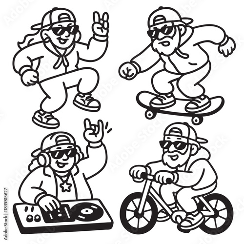 Isolated layered lineart outline of separated hip hop characters with urban style and cool