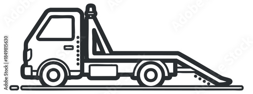 A tow truck with a flatbed and ramp in black and white minimalist vector style, ideal for transportation and emergency services