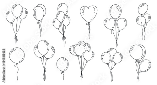 A collection of various balloon illustrations in outline style, suitable for party invitations and festive designs