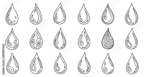 A collection of water droplets in minimalist outline vector style, ideal for eco-friendly design projects