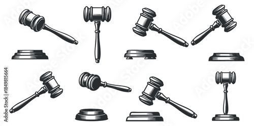 A collection of gavel illustrations in black and white vector style, ideal for legal and courtroom projects