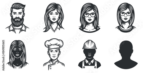 A collection of diverse character icons featuring various professions in black and white vector style, suitable for branding and creative projects