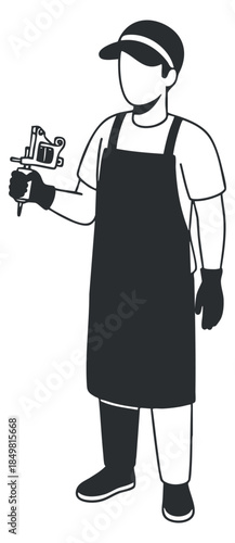 A painter holding a spray gun in black and white minimalist vector style, ideal for art and craft-related projects