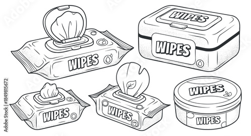 A collection of various wet wipes packaging designs in black and white outline vector style, suitable for hygiene and cleaning product branding