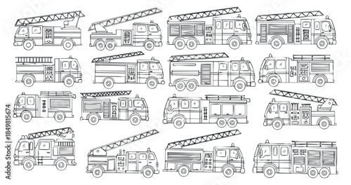 A collection of various fire trucks and emergency vehicles in black and white outline vector style, ideal for educational materials and safety campaigns