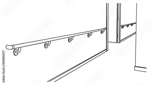 A handrail along a corridor in minimalist black and white outline vector style, suitable for architectural design projects