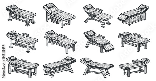 A collection of various massage and treatment tables in detailed black and white outline vector style, ideal for wellness and spa branding