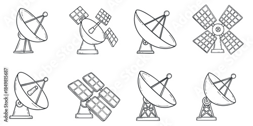 A collection of satellite dishes and solar panels in outline vector style, suitable for technology and communication projects