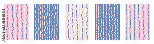 Funky wavy stripe child doodle backgrounds vector set. Groovy deformed pastel pink blue cream lines. Hand drawn squiggly warped vertical design elements. Irregular motion art on transparent