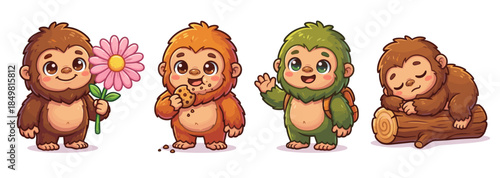 Cute Sasquatch vector character set featuring adorable baby Bigfoot holding flower eating cookie waving and sleeping on log isolated on white for kids cartoon illustration