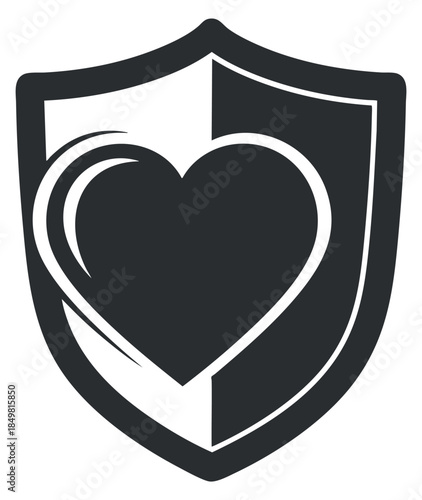 A heart enclosed within a shield in black and white vector style, ideal for health and security branding