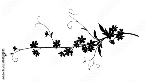 Black Floral Branch with Leaves and Flowers.