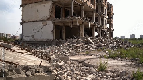 Dilapidated building ruins with scattered debris and rebar against a sky