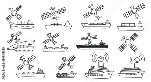 A collection of cargo ships and satellites in outline vector style, ideal for technology and transportation concepts