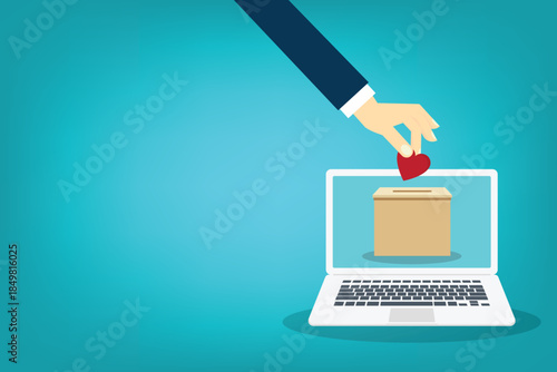 Human hand putting red heart in box. Donation, contribution and charity concept. Vector illustration.