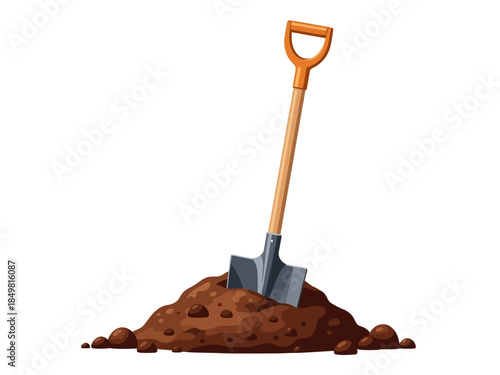 A sturdy, flat-bladed shovel featuring a long wooden shaft and an orange D-handle stands vertically embedded in a small, isolated heap of rich brown soil, rendered in a crisp and colorful vector style