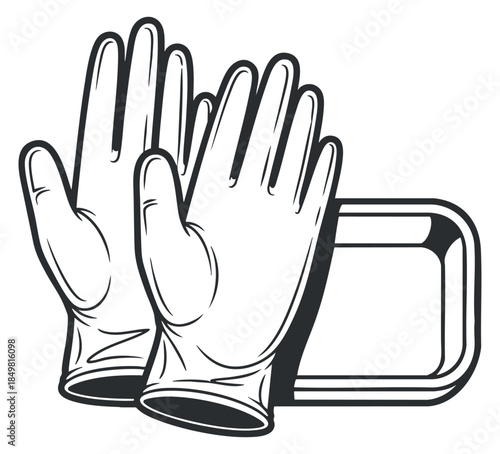 A pair of gloves resting on a tray in black and white outline vector style, ideal for safety and hygiene contexts