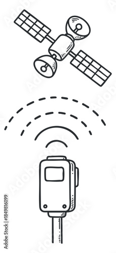 A satellite and signal transmitter in modern outline vector style, ideal for technology and telecommunications projects