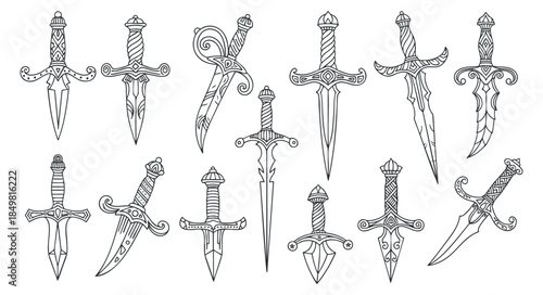 A collection of ornate dagger illustrations in black and white line art style, ideal for fantasy-themed projects and designs