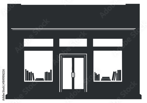 A silhouette of a bookstore storefront with large windows displaying books in minimalist black vector style, ideal for educational projects